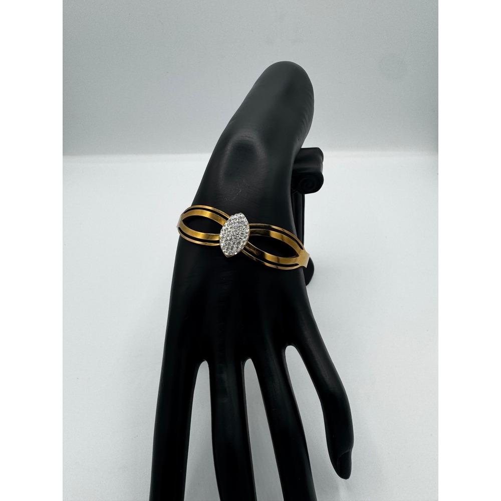 Gold Split Band Cuff Bracelet with Marquise Crystal Centerpiece Hinge Closure
